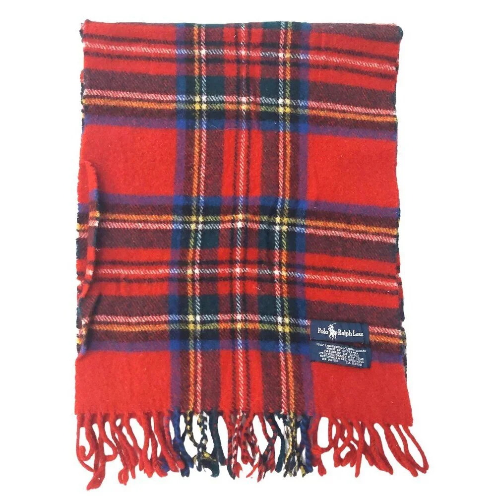 POLO Ralph Lauren 80s Vintage Red Blue Plaid Scarf Embroidered Polo Logo Scarves